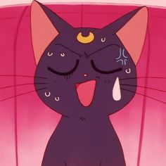 a black cat with its eyes closed and it's mouth wide open in front of a pink background