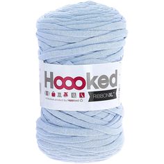 a spool of white yarn with the word hooked on it in red and black