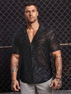 Black Party Collar Short Sleeve Knitted Fabric Plain Shirt Embellished Slight Stretch  Men Tops Mesh Shirt Outfit, Black Mesh Shirt, Tatted Men, Shirt Outfit Men, Lycra Men, Rhinestone Shirts, Queer Fashion, Mesh Shirt, Plain Shirt