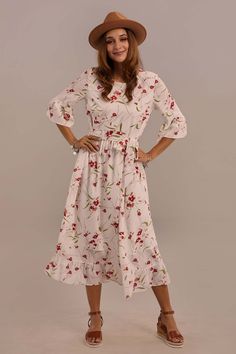 White 3/4 Length Bell Sleeve Round Neck Tie Waist Summer Floral Midi Dress - Petallush 3/4 Sleeve Midi Dress, Midi Spring Dress, Modest Floral Dress, Bridesmaid Outfits, Spring Midi Dress, Summer Maxi Dress Floral, Head Turning Dress, Cottagecore Outfits, Prom Style