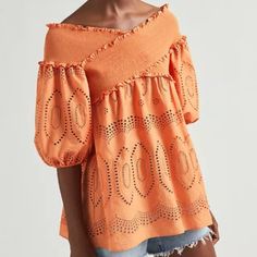 Orange Anthropologie Eyelet Smocked Blouse Top By Sachin & Babi -Eyelet Detail -Smocked Trim -3/4 Puffed Sleeves -Pullover Styling Approx. Dimensions: -27"L Approx. Chic Summer Tops With Smocked Cuffs, Summer Peasant Top With Smocked Cuffs, Bohemian Smocked Short Sleeve Top With Ruffles, Bohemian Smocked Top With Ruffles And Short Sleeves, Summer Smocked Short Sleeve Top For Brunch, Summer Smocked Top With Short Sleeves For Brunch, Summer Short Sleeve Smocked Top For Brunch, Summer Peasant Top With Smocked Cuffs For Daywear, Summer Brunch Blouse With Smocked Cuffs