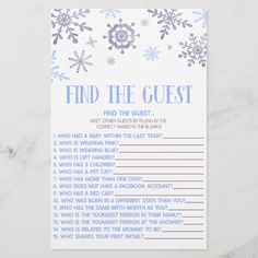 a snowflake themed wedding game with the words find the guest