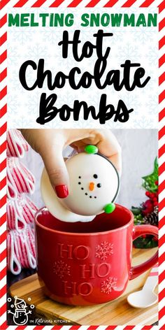 melting snowman hot chocolate bonbs in a red mug