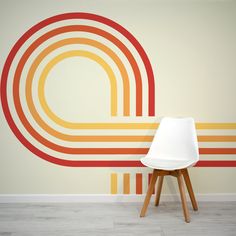 Retro Spiral Mural Reds Wallpaper in living room with small white plastic chair Retro Mural Ideas, Retro Wall Stripes, Retro Mural Wall Art, Retro Accent Wall, Retro Wall Mural, Retro Mural, Marble Wall Mural, Tropical Art Deco, Abstract Wallpaper Design