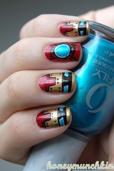 Iron Man-inspired nails. Iron Man Nails, Avengers Nails, Marvel Nails, Beauty And The Geek, Current Obsession, Get Nails, Nail Polish Designs, Nail Art Galleries, Fabulous Nails