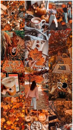 a collage of photos with autumn leaves and pumpkins in the foreground, an image of a woman holding a coffee cup