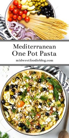 mediterraneann one pot pasta with olives, tomatoes, onions and feta cheese