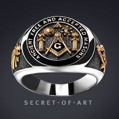 Masonic Ring AF AM Silver 925 with 24K-Gold-Plated Parts, Pillars, Sun & Moon, Ancient Free and Accepted Masons, black enamel Very fine Masonic ring: A.F. & A.M. Ring Ancient Free & Accepted Masons, with pillars, sun & moon, All Seeing Eye. With filigree Symbols on the side of the ring: Compasses & square-tool and the All seeing eye. This high-quality silver ring is handmade in highest quality craftsmanship.  Details: -    Material: Silver 925 Sterling -    Weight: 10 gram -    Size: 1,7 cm * 1,7 cm -    Quality: Fine, stamped, 24K-Gold-Plated parts -    Craftsmanship: Filigree and detailed If you have any questions, please let us know. We are more than happy to help and assist you. Thank you very much for stopping by and considering our store. Best regards Thomas from Secret of Art Please Masonic Rings Jewelry, Men Punk Fashion, Masonic Jewelry, Masonic Ring, Trendy Ring, Charm Rings, Fine Rings, Finger Ring, Classic Ring