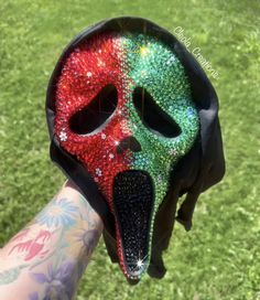 LIMITED EDITION Christmas Ghostface Mask. Split Red and Green for the holiday season with sprinkles of snow and mints to give it some extra holiday vibes🎅 Extra rhinestones / glue will be sent in case touch ups are needed. (Underside of chin not embellished) Ghostface Masks, Ghostface Mask, Scream Mask, Jason Mask, Christmas Bling, Rhinestone Projects, Horror Masks, Gem Art, Custom Mirrors