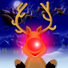 merry christmas greeting card with reindeer sitting in the snow and glowing red ball on his antlers