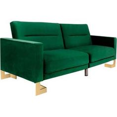 a green couch sitting on top of a white floor next to a wooden leg chair