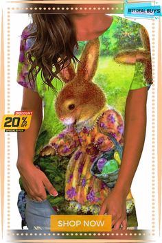 Plus Size Easter Short Sleeve Bunny Print T-shirt Green Rabbit, Bunny Print, Women's Style, Plus Size Fashion, Tshirt Print, Print T Shirt, Easter, Plus Size, T Shirt