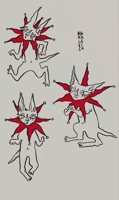 three drawings of cats with red and white designs on their body, one in the shape of a star