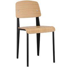 a wooden chair with black legs and a wood seat on the back, against a white background