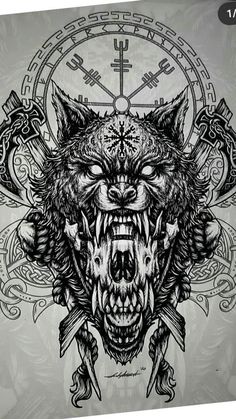 an image of a wolf with horns on it's head in front of a clock