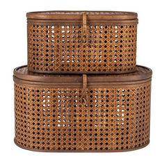 two brown wicker baskets stacked on top of each other, one is empty and the other has a lid