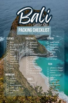 the bali packing checklist is shown in front of an ocean and cliff with blue water