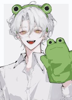 a drawing of a person holding a frog in front of their face and smiling at the camera