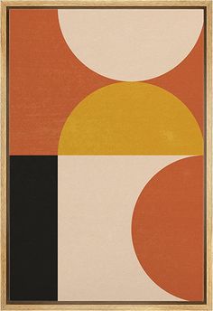 an abstract painting with orange, yellow and black circles on the bottom half of it