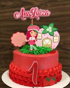 a strawberry shortcake birthday cake with the number one on it's top tier