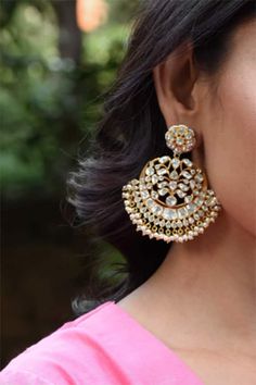 18kt gold plated 92.5 silver Crest chandbalis with vellore polki and freshwater pearl embellishments. - Aza Fashions Buy Gold, Aza Fashion, Silver Color, Freshwater Pearls, Embellishments, Gold Plate, Plating, Sparkle, Silver