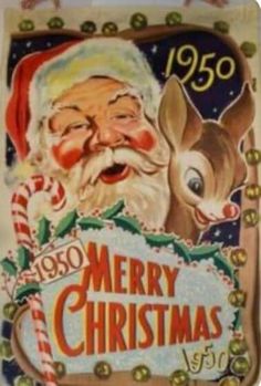 an old fashioned christmas card with santa and reindeer