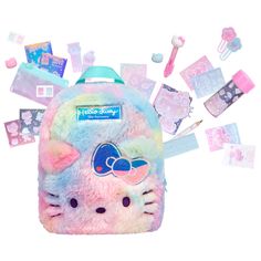 PRICES MAY VARY. Hello Kitty Real Littles Big Backpack - Cute Life Sized Hello Kitty backpack with Hello Kitty themed stationery items that really work! There are 20 Hello Kitty themed stationery surprises inside the backpack that really work! The backpack has a rainbow pastel-colored theme and the softest plush finish. It features Hello Kitty's iconic look with an iridescent bow and Hello Kitty 50th anniversary tag. Kids can wear the Hello Kitty backpack everywhere they go! Hello Kitty Paper Duck Stuff, Paper Duck Hello Kitty Clothes, Hello Kitty And Friends Gifts, Cheap Hello Kitty Backpack For Students, Playful Hello Kitty Backpack For Everyday Use, Kawaii Hello Kitty Backpack, Cheap Hello Kitty Print Bags, Cute Hello Kitty Standard Backpack, Backpack Hello Kitty