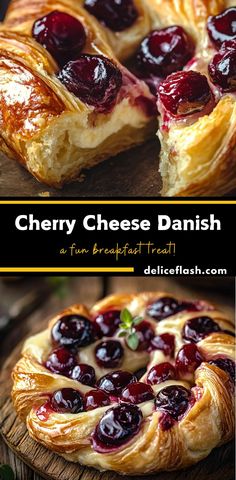 cherry cheese danish on a wooden board with text overlay that reads cherry cheese danish