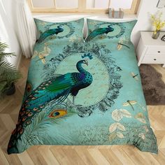 the peacock is sitting on the bed in the room