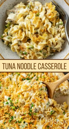 two pictures with different types of food in them and the words tuna noodle casserole