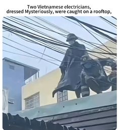 a man riding on the back of a motorcycle next to power lines and wires with text that reads two vietnamese electricians, dressed mysteriously, we