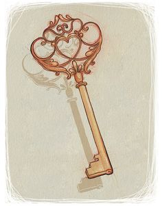 a drawing of a key with a heart on the top and an ornate design in the middle