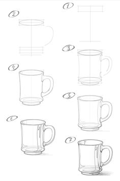 the steps in how to draw coffee mugs