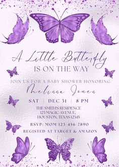 a purple butterfly themed baby shower is shown