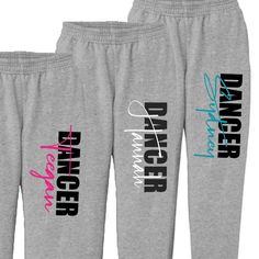 three pairs of sweatpants with the words dance dancer on them