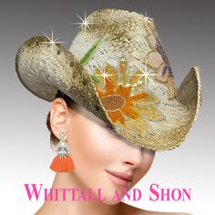 An ivory straw cowboy hat gleams with a subtle gold shadows and a sprinkling of tonal sequins that catch light with every movement. Adorning the crown of the hat are whimsical sunflower motifs, each one crafted with intricate detail. The sunflowers dance across the hat as if swaying gently in an imaginary breeze. Western Gold Brimmed Hat, Gold Western Hat For Country Events, Gold Festival Hats For Spring, Gold Country Style Hat For Rodeo, Country-style Gold Hat For Rodeo, Elegant Summer Hats For Western-themed Events, Gold Country Style Festival Hats, Spring Straw Hat For Western-themed Events, Daisy Mae