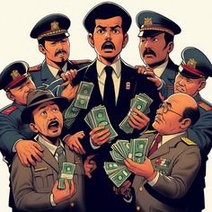 a bunch of money is being held up by two men in uniform and one has his mouth open