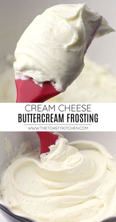 cream cheese is being stirred in a bowl with a spatula to make buttercream frosting