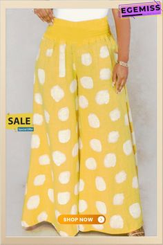 Yellow Fashion Casual Polka Dot Printed Wide-leg Pants Non-stretch Polka Dot Summer Bottoms, Spring Polka Dot Cotton Pants, Casual Polka Dot Wide Leg Pants, Polka Dot Wide Leg Summer Pants, Casual Wide-leg Polka Dot Pants, Summer Wide Leg Polka Dot Pants, Casual Wide Leg Polka Dot Pants, High Waist Polka Dot Summer Bottoms, Summer Polka Dot Pants With Elastic Waistband