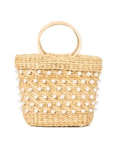 Poolside's Mak bag is a chic mini tote that's sure to become an everyday staple. The interior is lined with a linen pouch that closes with a drawstring. The outside is made of hand-woven and embroidered straw in a neutral tone studded with faux pearls.  Style yours with your favorite beach outfits for a look that is fashionable and functional. Cream Bags With Bamboo Handle For Spring, Spring Cream Bag With Bamboo Handle, Beige Straw Shopping Bag In Pouch Shape, Beige Pouch Straw Bag For Shopping, Spring Woven Natural Fiber Shoulder Bag, Summer Straw Pouch Bag For Shopping, Vacation Straw Shoulder Bag With Dust Bag, Summer Shopping Straw Pouch Bag, Summer Bags With Pearl Handle In Natural Color