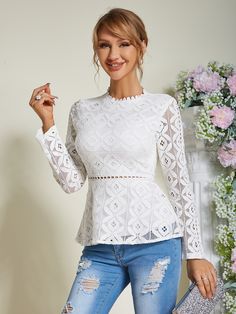 Guipure Lace, Peplum Blouse, Women Blouses, Lace Insert, White Mesh, Dress Ideas, Pearl White, Peplum Top, Wedding Dresses