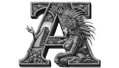 The image showcases a beautifully crafted letter ‘A’ that merges Aztec cultural elements with Gothic pop art style. The design features a stepped pyramid structure, reminiscent of Mesoamerican architecture, and a circular calendar stone, symbolizing the Aztec Sun Stone. Intricate patterns and glyphs adorn the crossbar, while a feathered headdress, typical of Aztec warriors or rulers, embellishes the right vertical bar. The inner space of the ‘A’ is filled with decorative motifs that echo Aztec artistry, creating a harmonious blend of history and typography. This piece celebrates the rich heritage of an ancient civilization through a modern graphic lens. Aztec Font, Circular Calendar, Aztec Sun Stone, Pyramid Structure, Mesoamerican Architecture, Feathered Headdress, Aztec Warrior Tattoo