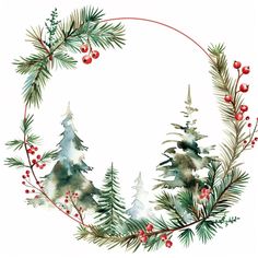 watercolor christmas wreath with pine trees and berries