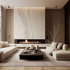 modern living room with white couches and fireplace