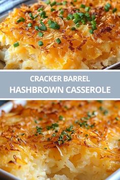 two pictures of baked hashbrown casserole with green onions and parsley