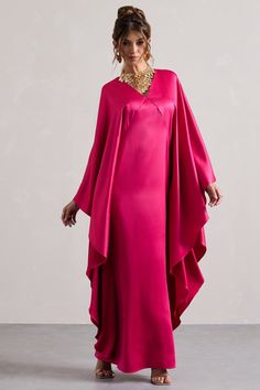 Alohi Hot Pink Satin Plunge Cape Maxi Dress – Club L London - USA Midi Bridesmaid Dress, Black Dress Prom, Pink Shade, Party Dress Long Sleeve, Cape Sleeves, Black Sequin Dress, Black Velvet Dress, Plunge Neckline, Swimsuit Dress