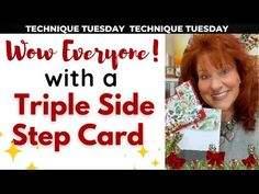 a woman with red hair is holding up a card and it says wow everyone with a triple side step card