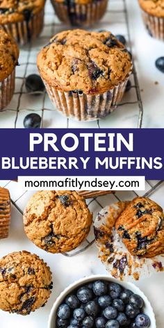 blueberry muffins on a cooling rack with the words, protein blueberry muffins