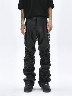 Men's Motorcycle Pleated Leather Pants - Hit the Road in Style and Comfort Rev up your fashion with our Motorcycle Pleated Leather Pants, designed for motorcycle enthusiasts and urban trendsetters alike. Crafted from premium faux leather with a broadcloth texture, these pants offer a tough yet refined appeal. 🏍️👖 Features: 🏍️ Motorcycle-Ready Style: Feel confident and look amazing with our pants - perfect for style and practicality, wherever your journey takes you. 🏍️👖 🎩 Edgy Faux Leather: Faux Leather Pants For Streetwear, Fitted Faux Leather Pants For Streetwear, Alternative Style Black Faux Leather Bottoms, Black Faux Leather Alternative Bottoms, Alternative Black Bottoms For Biker Events, Punk Style Leather Pants For Streetwear, Black Punk Leather Pants For Biker Events, Casual Leather Streetwear Pants, Alternative Style Fitted Leather Pants