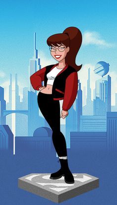 an animated woman standing on top of a platform in front of a cityscape